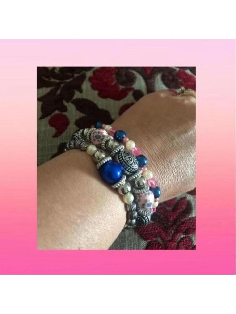 Set of 3 Beaded Stretch Bracelets with Blue, Pink, and Pearl